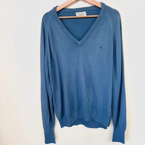 Vintage Christian Dior Sweater Mens XL Blue V Neck Long Sleeve Orlon Acrylic - Picture 1 of 3
